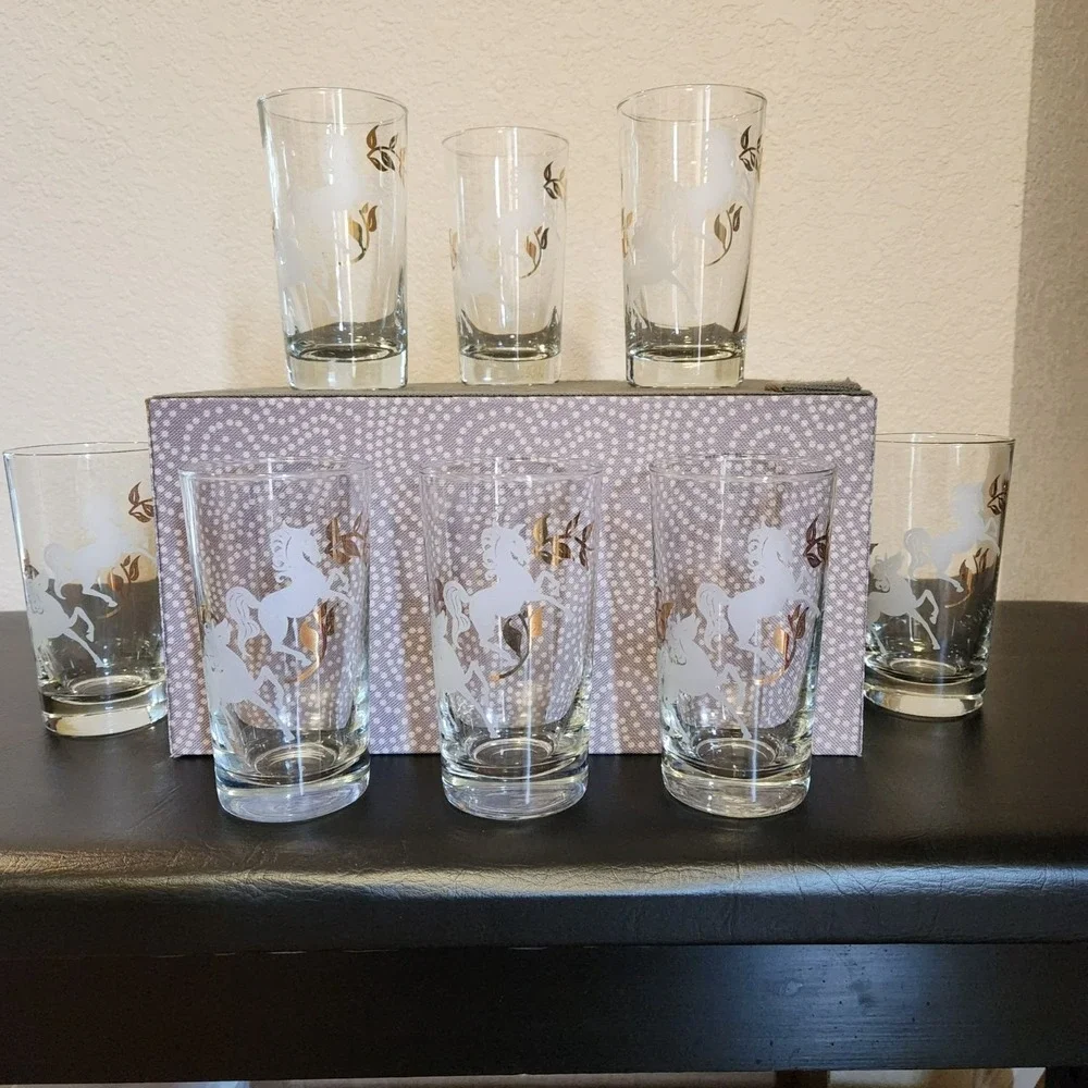 Vintage MCM Libbey Prancing Colts Frosted Highball Glass Set of 8 Barware Gold